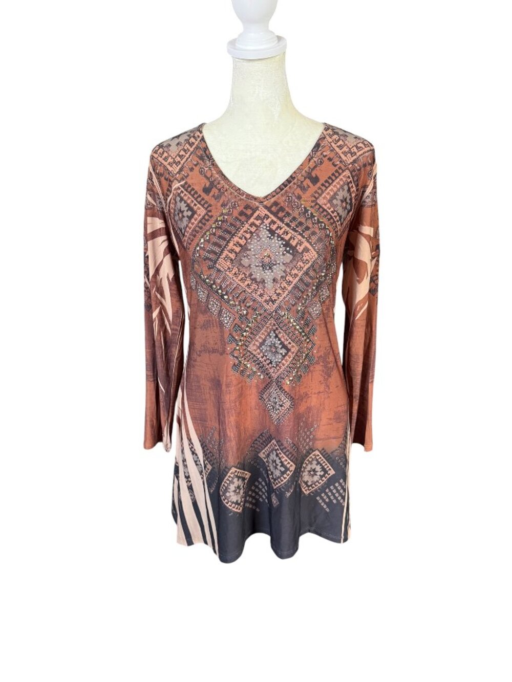 Cover Charge boho style brown aztec blouse long sleeve v-neck rhinestones Small